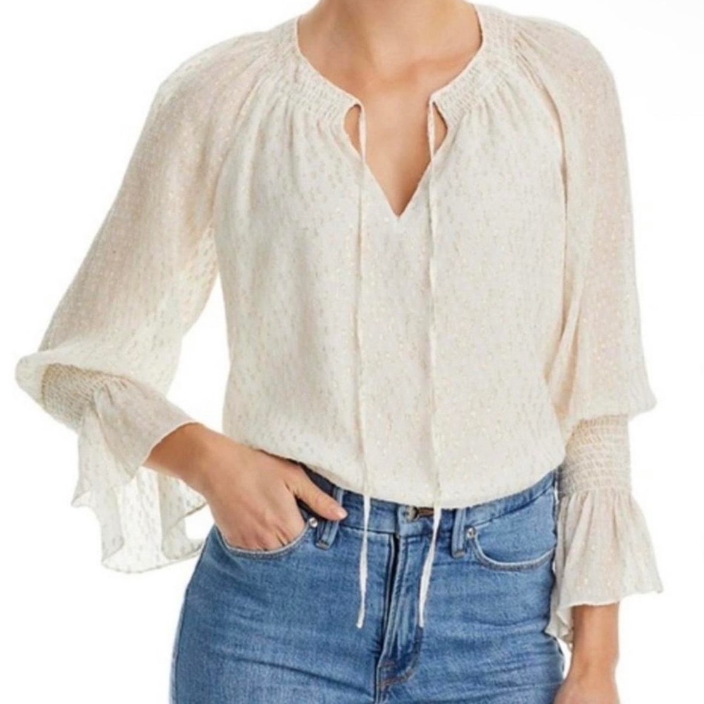 Ramy Brook Top Womens Size Small White Silk Metallic Puff Sleeves V Neck